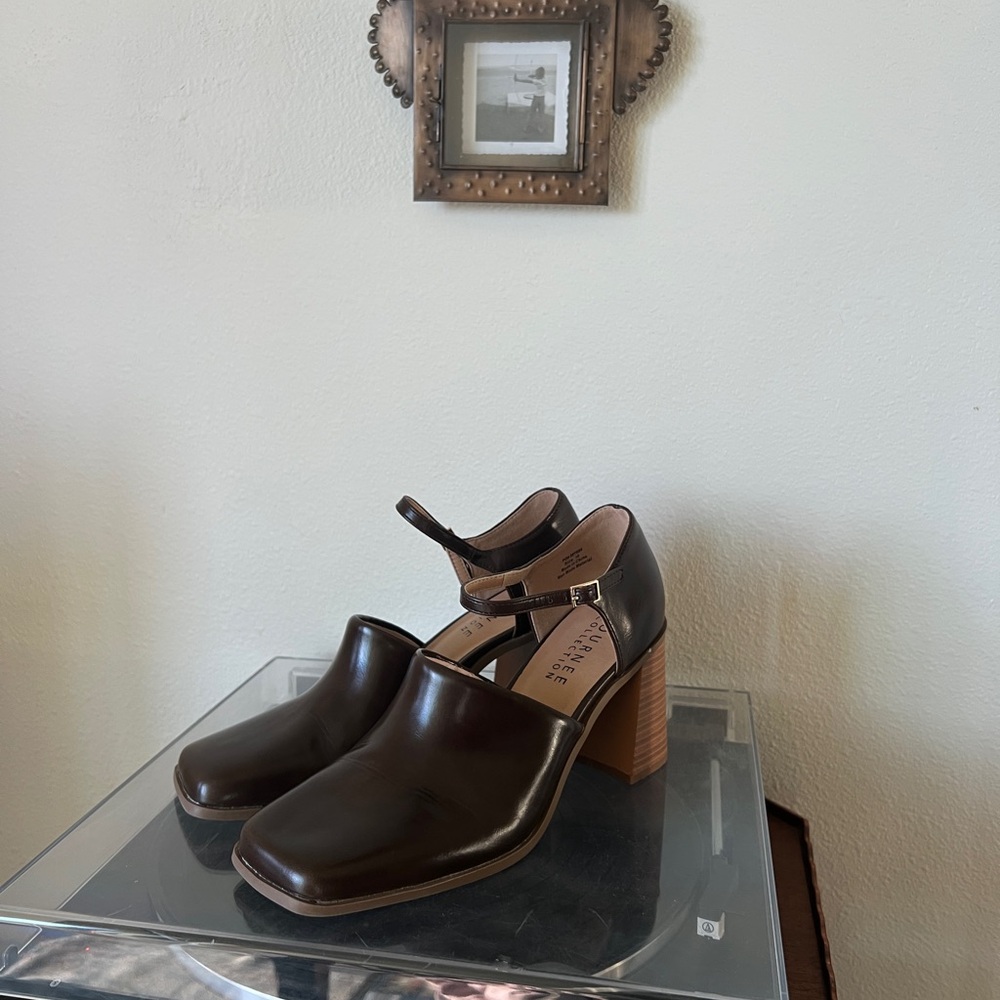 Journee Brown Leather Block Heel Mary Jane Shoes